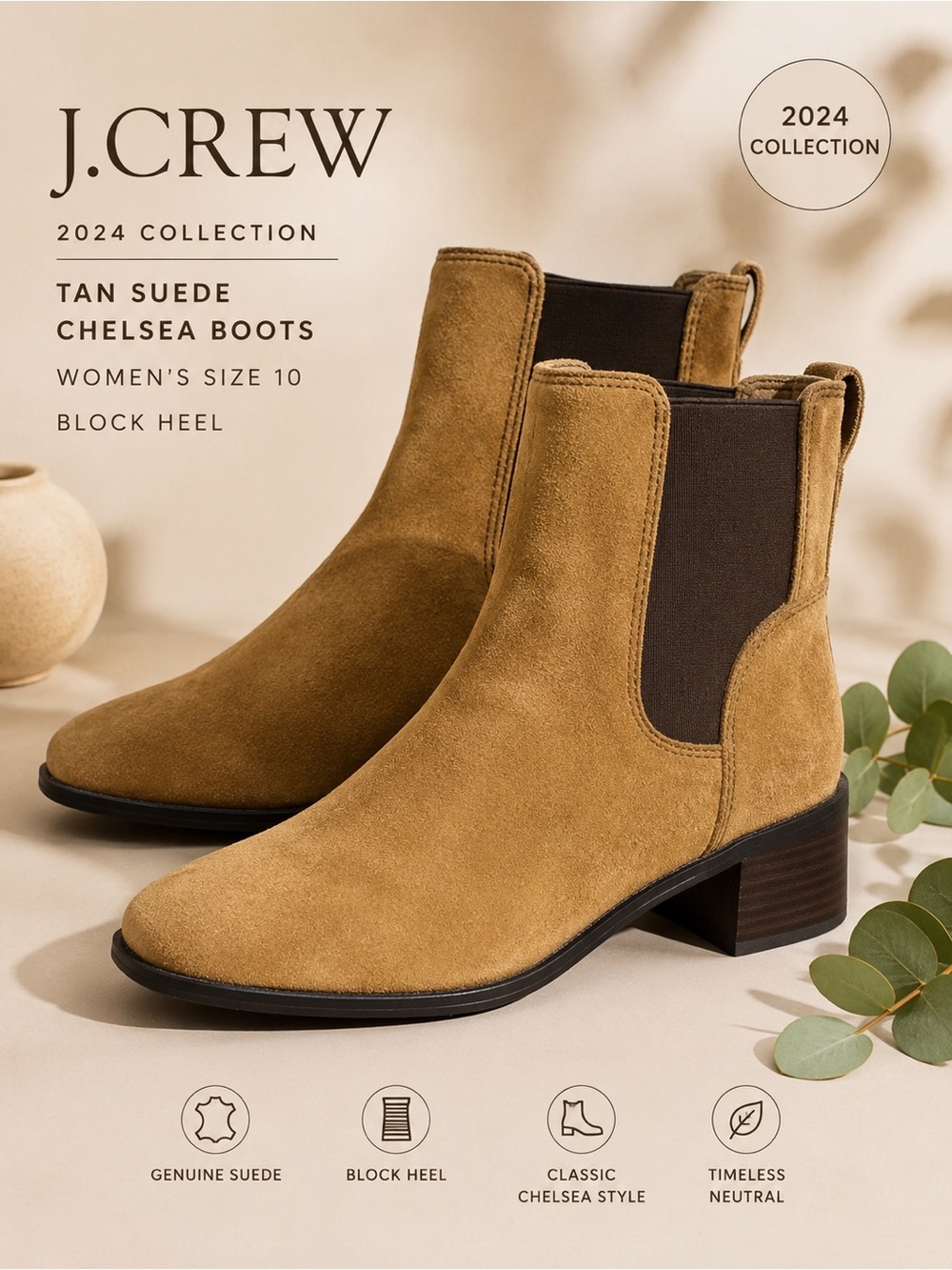 J.Crew Suede Chelsea Boots – Women’s 10 Camel Tan Leather Booties – Quiet Luxury